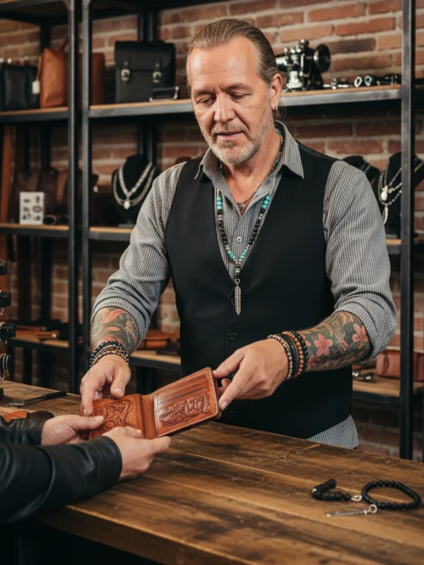 Verkäufer zeigt ein handgemachtes echt Leder Portemonnaie einem interessiertem Kunden