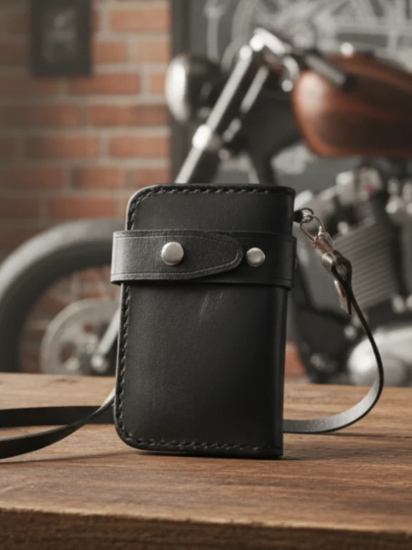 Massives Biker Wallet aus schwarzem Echtleder, handgenäht mit reisfestem Lederband als Kette für Motorradfahrer.