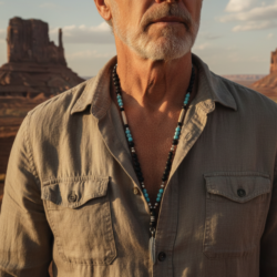 Unisex Perlenkette aus Lavastein & Türkis mit Feder