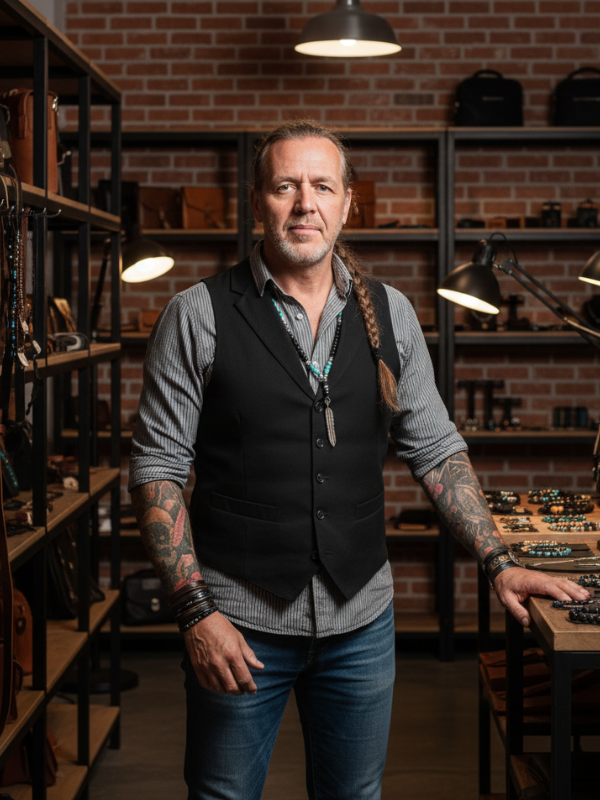 Der Chef von NativeTown Lederwaren und Schmuck im Laden
